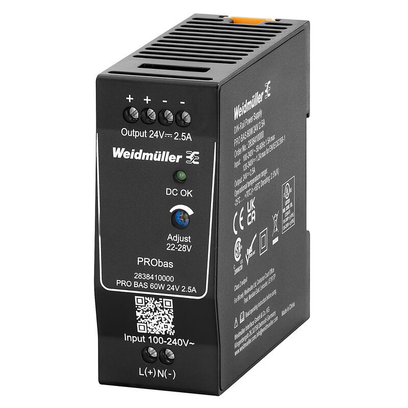 Weidmüller PRO BAS 60W 24V 2.5A DIN-rail power supply - 2838410000,  Part number 2838410000;  Manufacturer reference image; check the exact label and model against the part number and datasheet.