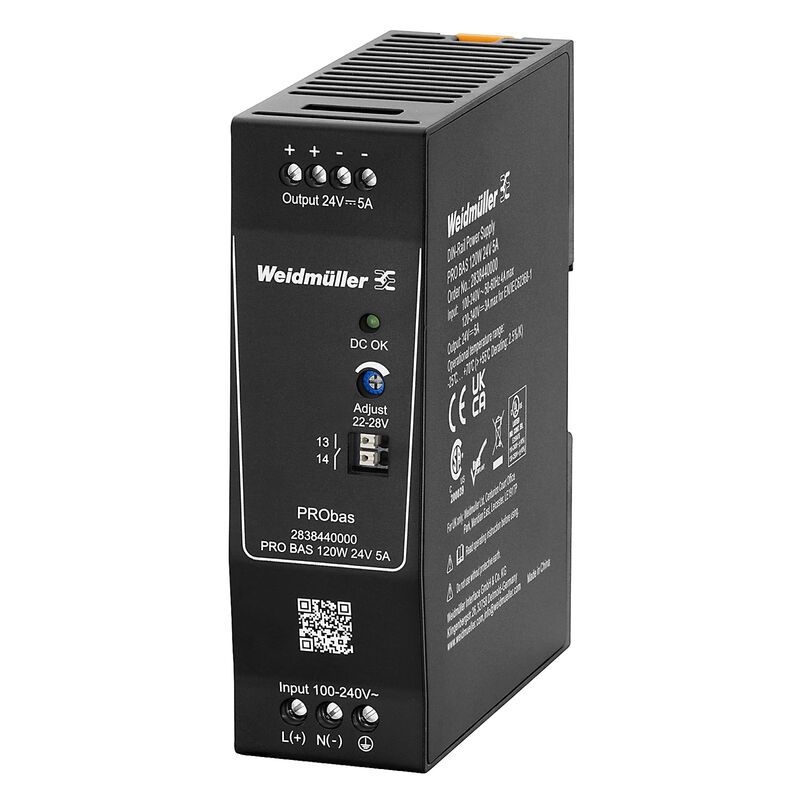 منبع تغذیه ریلی PRO BAS 120W 24V 5A ویدمولر مدل 2838440000، پارت‌نامبر 2838440000؛ تصویر مرجع سازنده؛ برچسب و مدل دقیق کالا با پارت‌نامبر و دیتاشیت کنترل شود.