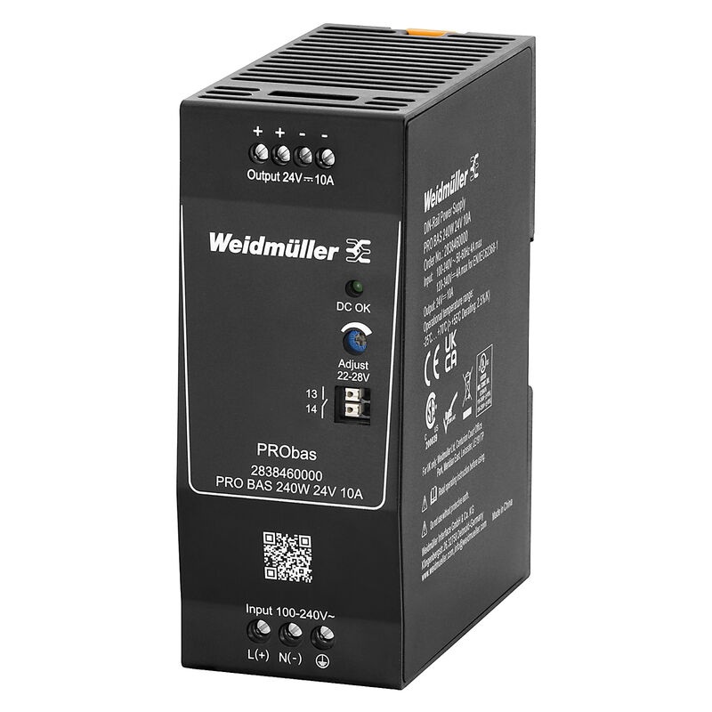 منبع تغذیه ریلی PRO BAS 240W 24V 10A ویدمولر مدل 2838460000، پارت‌نامبر 2838460000؛ تصویر مرجع سازنده؛ برچسب و مدل دقیق کالا با پارت‌نامبر و دیتاشیت کنترل شود.
