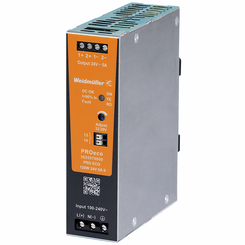 Weidmüller PRO ECO 120W 24V 5A II DIN-rail power supply - 3025570000,  Part number 3025570000;  Manufacturer reference image; check the exact label and model against the part number and datasheet.