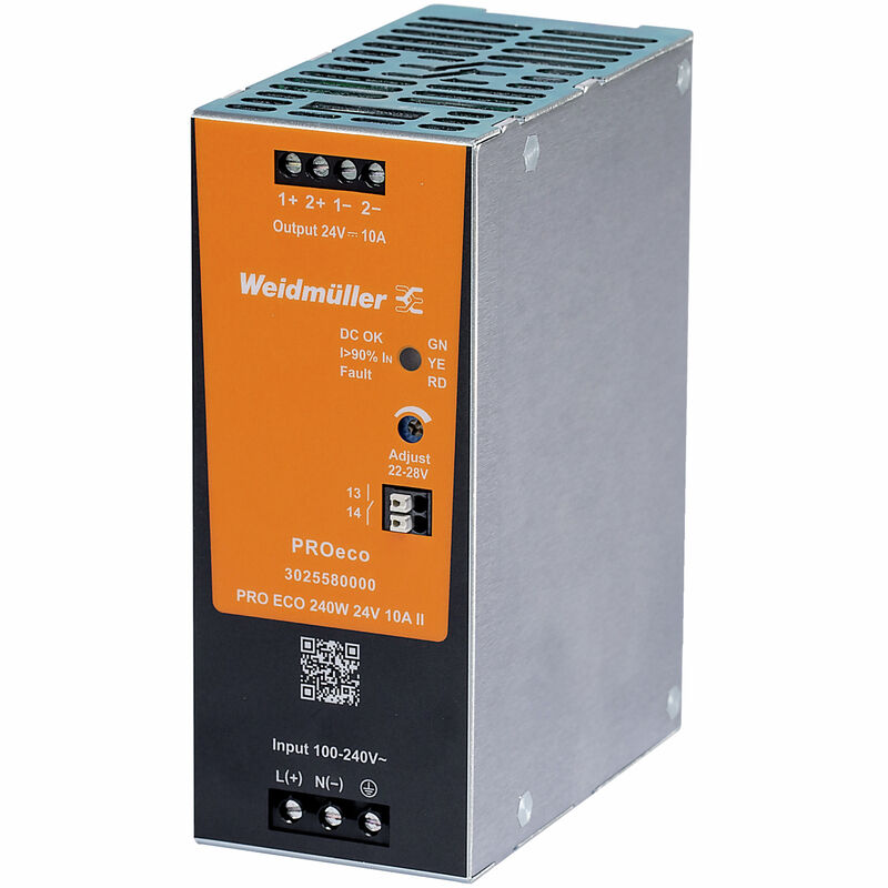 منبع تغذیه ریلی PRO ECO 240W 24V 10A II ویدمولر مدل 3025580000، پارت‌نامبر 3025580000؛ تصویر مرجع سازنده؛ برچسب و مدل دقیق کالا با پارت‌نامبر و دیتاشیت کنترل شود.