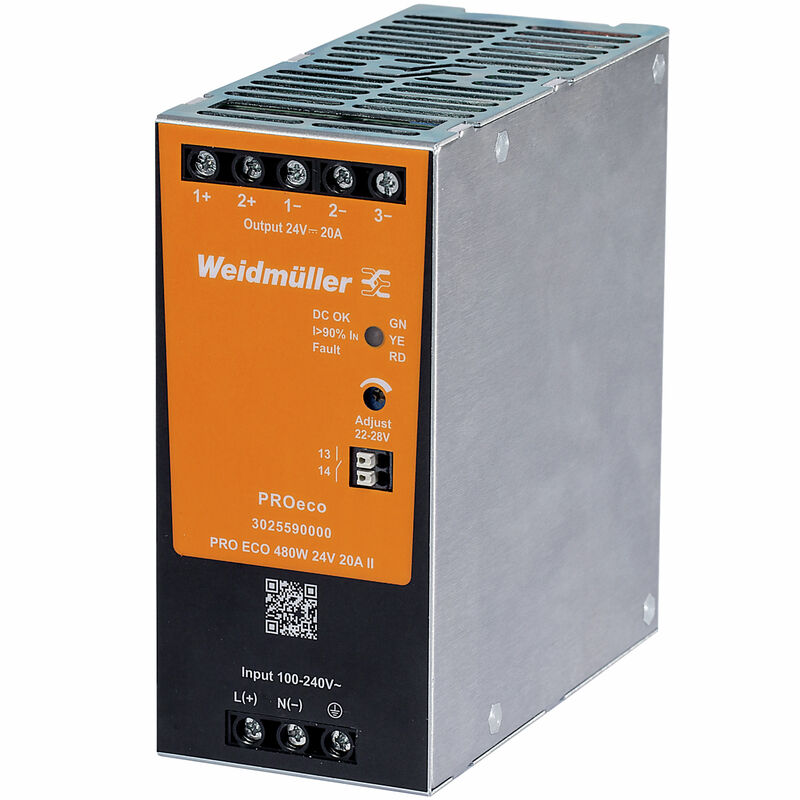 Weidmüller PRO ECO 480W 24V 20A II DIN-rail power supply - 3025590000,  Part number 3025590000;  Manufacturer reference image; check the exact label and model against the part number and datasheet.